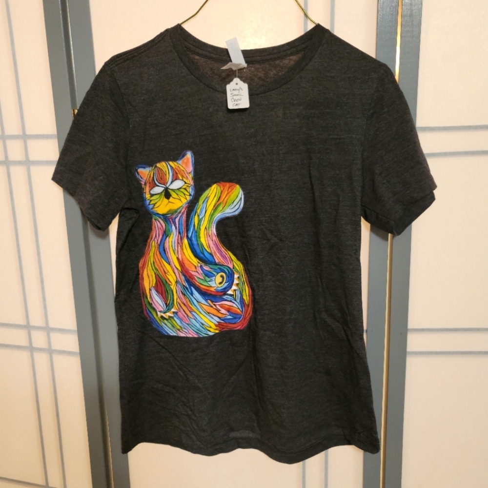 Lady's Crew Neck Graphic Tee "Cat" by rk3handcrafted